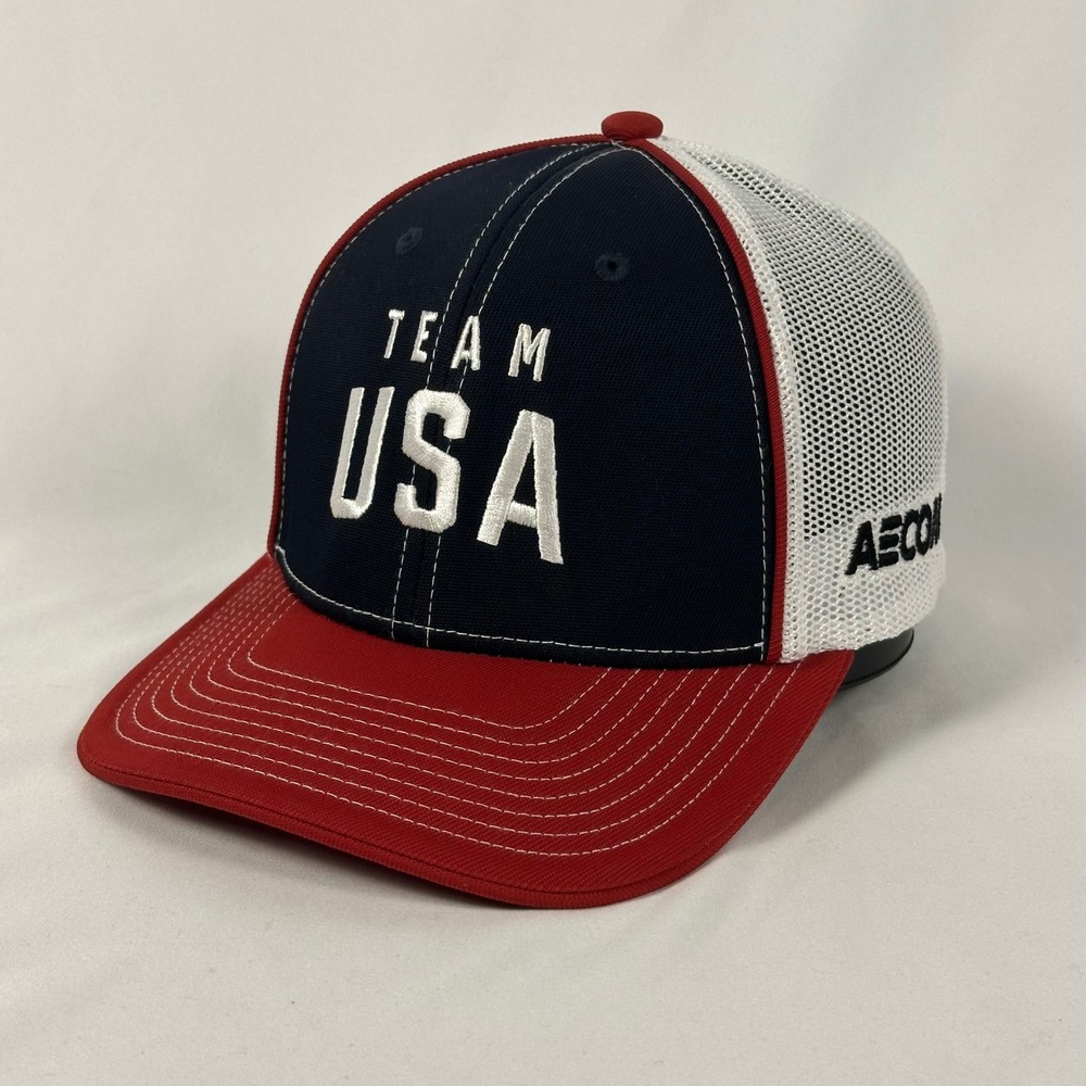 Team USA Trucker Hat Men OSFA Red Navy White AECOM Snapback Mesh Cap